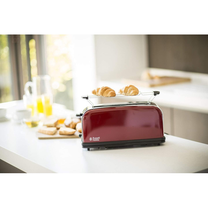 Тостер Russell Hobbs Colours+ Нержавіюча сталь, Червоний – 2 широкі слоти, підставка для булочок, 6 режимів, розморожування, 1000 Вт