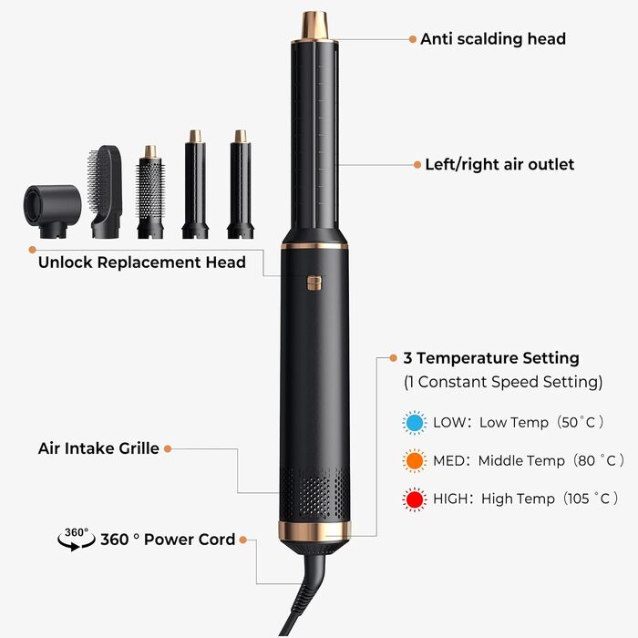 Mogawave Airstyler 5-в-1 Pro 1000W: Фен-щітка, стайлер для волосся з іонізацією (чорний)