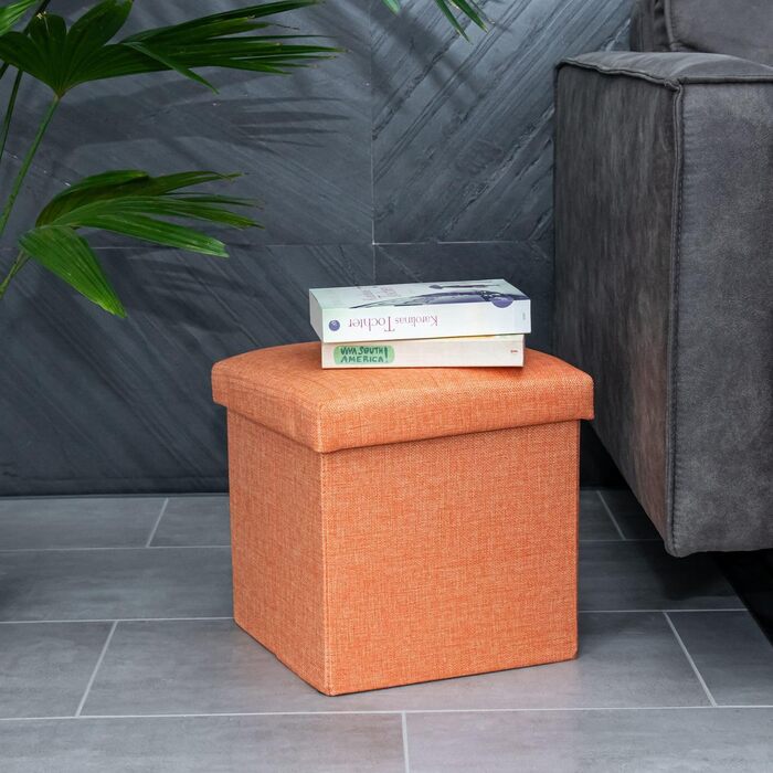 Складаний пуф INTIRILIFE 30x30x30 см, мандариновий, з місцем для зберігання, тканина під льон, куб-сидіння, пуф-ящик, сидіння-лава