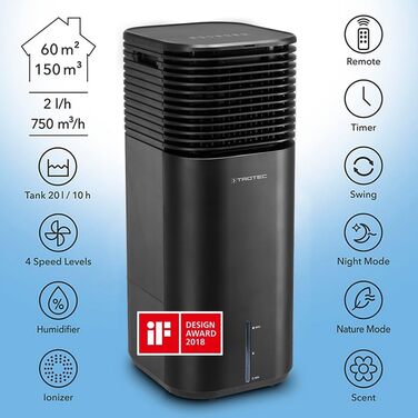Trotec PAE 50 Aircooler 4-в-1: Мобільний кондиціонер, вентилятор, очищувач повітря, зволожувач - 20л, 4 режими, таймер, іонізатор