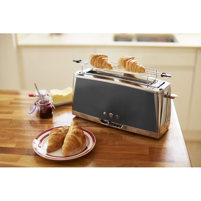 Тостер Russell Hobbs Luna Edelstahl Grau для 2-х скибочок хліба (широкі слоти) з підставкою для булочок, 6 режимів підсмажування, розморожування та підігрів - 23251-56