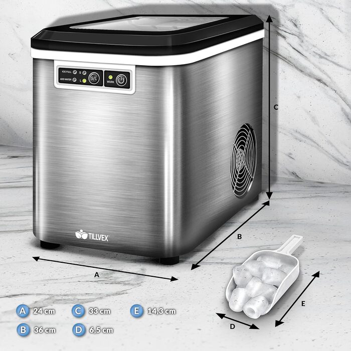 Машина для льоду tillvex, нерж. сталь, 12 кг/24 год, 2,2 л, LED, самочищення, 2 розміри кубиків, срібляста