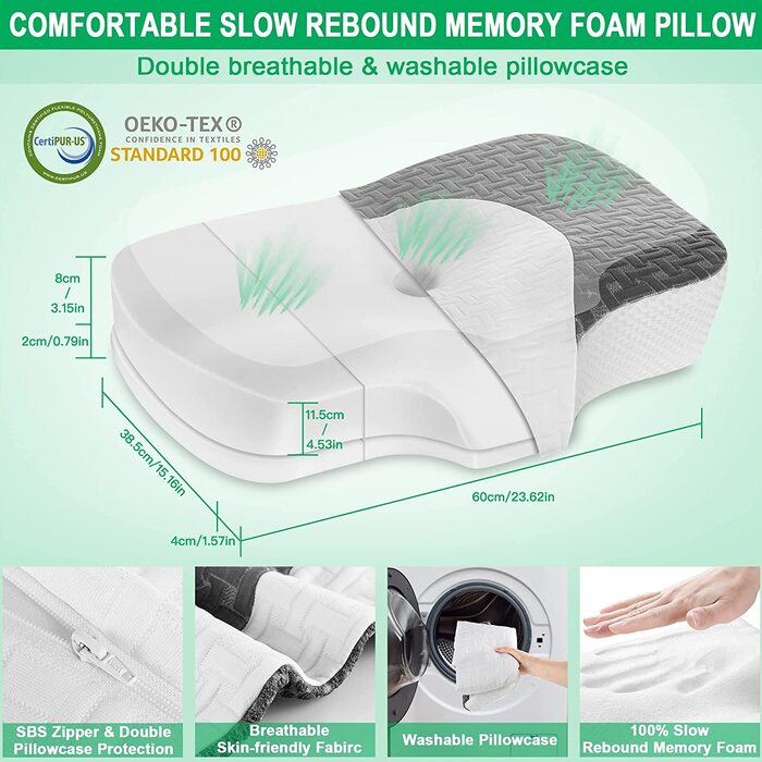 Ортопедична подушка Elviros з піни Memory Foam для шиї та плечей, ергономічна подушка проти хропіння, для сну на боці, темно-сіра 60x38,6x9,9/13,5 см