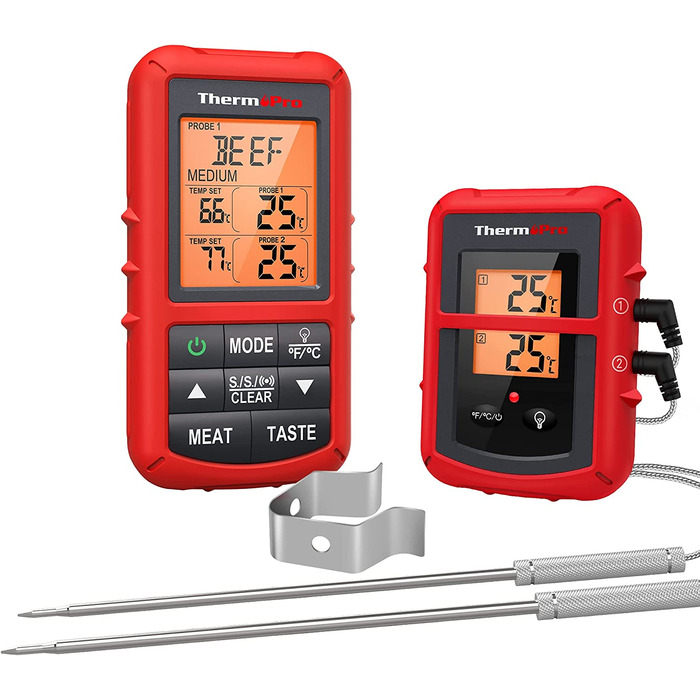 ThermoPro TP20 Цифровий термометр для м'яса з радіусом дії 150м. Підходить для гриля, духовки та барбекю. Бездротовий термометр з 2 датчиками температури