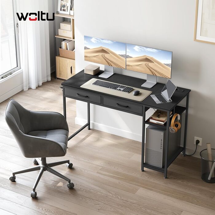 Комп'ютерний стіл WOLTU з 2 шухлядами, вбудованими розетками (USB, Type-C), підставкою для навушників та полицями, 120 x 51 x 75 см, чорний