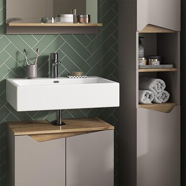 Висока шафа для ванної Vicco Marelle, грейж/дуб Артизан, 30x180 см, з дверцятами та відкритими полицями