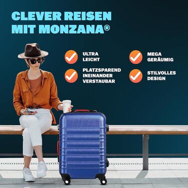 Набір валіз MONZANA 4 шт. S-M-L-XL, жорсткий ABS пластик, 4 колеса, з замком, синій, дорожні валізи на роликах