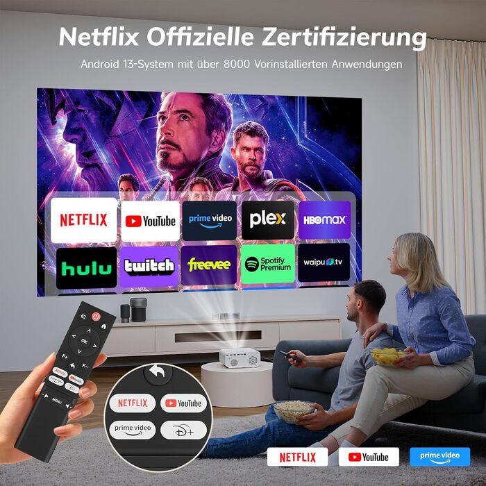 Smart-проектор Beamer 4K C12CNEW з автофокусом та автокоррекцією трапеції, Full HD 1080P, 28000 Люмен, WiFi, Bluetooth 5.2, для домашнього кінотеатру, сумісний з Netflix