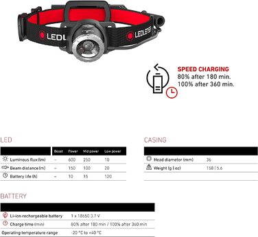 Налобний ліхтар Ledlenser H8R, 600 люмен, акумуляторний, до 120 годин, червоне підсвічування, LED, з зарядкою, у коробці