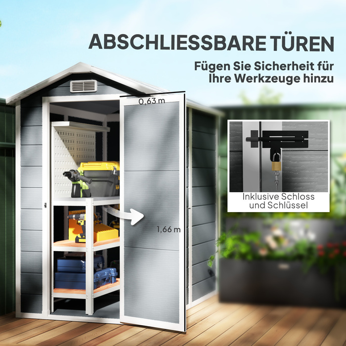 Outsunny Garden Shed 2,1 м², Водонепроникний садовий сарай з підлоговим односхилим дахом, 131x186x198/172 см, Сарай для інструментів з дверима, що замикаються, Вікно Велосипедний гараж, Садова шафа з алюмінію, для заднього двору, Саду, Сірий