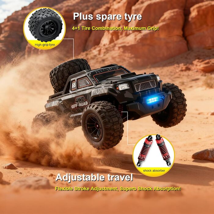 Радіокерований позашляховик Monster Truck 1:16 4WD 40 км/год, водонепроникний, з двома акумуляторами, чорний