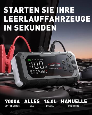 Powerbank для автомобіля ANFLAG 7000A з компресором 160PSI, 26800mAh, підтримка бензинових та дизельних двигунів (до 14.0L), PD65W, LED-ліхтар