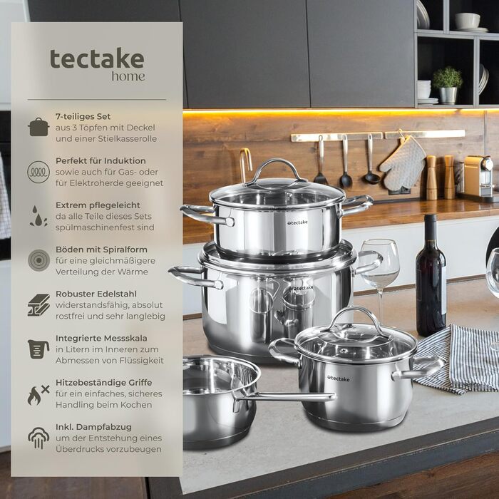 Набір каструль tectake® 7 шт. з нержавіючої сталі: каструлі з кришками для плити (індукційна, газова, електрична) - кухонний набір для дому та кемпінгу