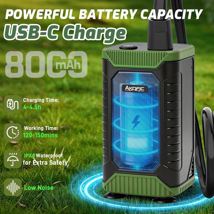 Портативний кемпінговий душ з насосом та акумулятором 8000mAh, цифровий дисплей, набір для подорожей, саду та миття авто (шланг 2м)