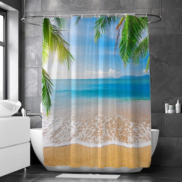 Душова штора MUSOLEI 180x200 см, 3D-друк, синій, морський дизайн, антигрибкова, водовідштовхувальна, з кільцями, для ванної кімнати, прана