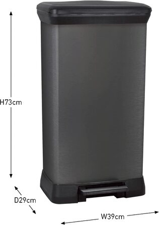 Смітник CURVER Deco Bin з педаллю і кришкою, 50 л, чорний металік, прямокутний, плавне закривання, 39x29x72 см