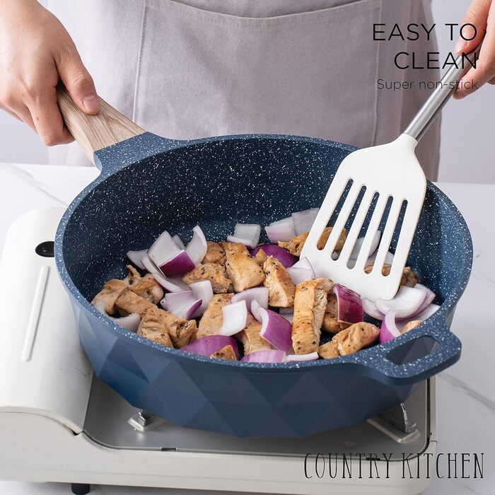 Набір посуду індукційного Country Kitchen Navy Diamond 13 предметів: каструлі та сковороди з антипригарним алюмінієвим покриттям, бакелітові ручки, скляні кришки (синій)
