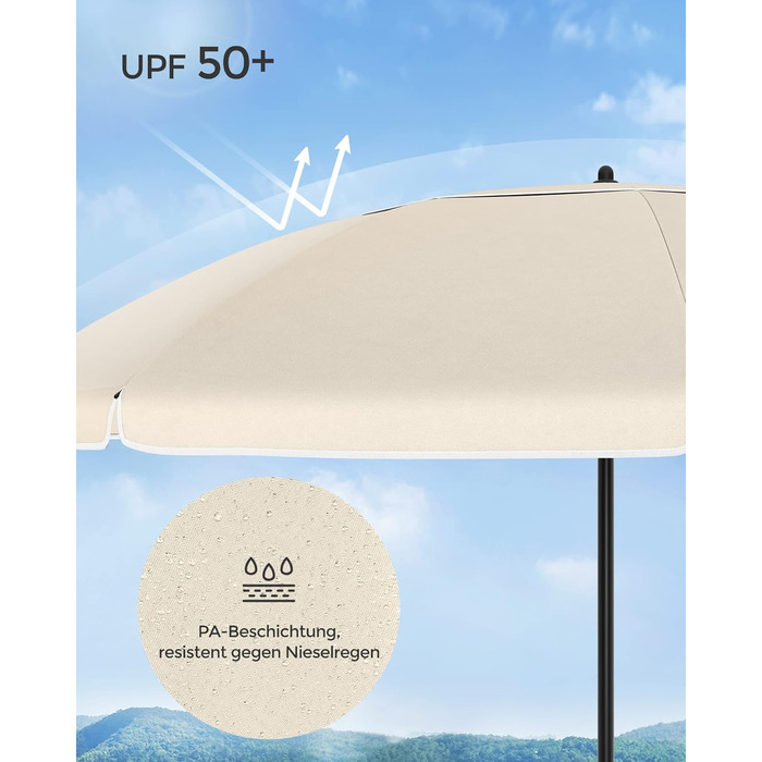 Пляжна парасоля SONGMICS 160 см, захист від сонця UPF 50+, регульована висота, нахил 30°, з чохлом, для балкона, саду, тераси, пляжу, без основи, бежевий