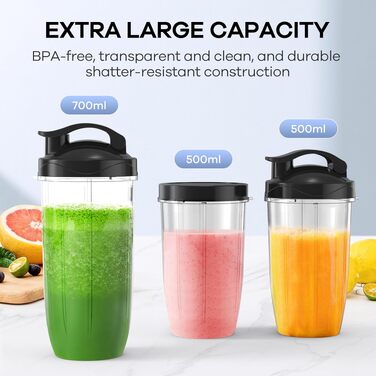 Блендер Ganiza Mini Smoothie Maker 900W з 3 стаканами (500мл x2, 700мл), електричний, сталеві ножі, BPA-free, для смузі та коктейлів