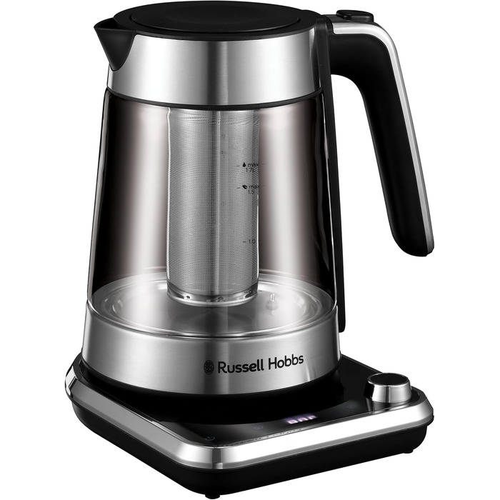 Скляний електрочайник Russell Hobbs Attentiv 26200-70 з регулюванням температури (40-100°C), ситом для чаю, цифровим керуванням та функцією підігріву, 1.7л, 2400Вт, нержавіюча сталь