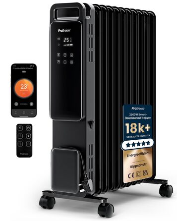 Розумний електричний масляний радіатор Pro Breeze 2500W, 11 секцій, з керуванням через Wi-Fi (Smart App), таймером на 24г, термостатом та сенсорним дисплеєм, чорний