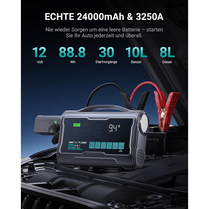 Пусковий пристрій для авто VANTRUE POWER JS3: бустер-павербанк з компресором 160 PSI, чорно-сріблястий