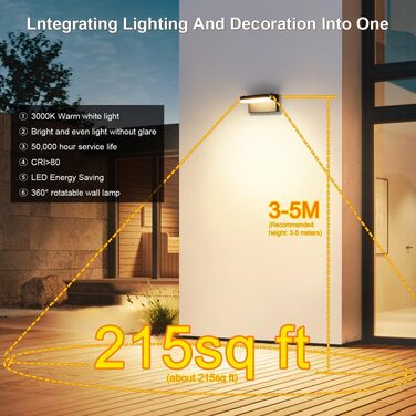 Стіна LED-ліхтар Kingwen 40W, сучасний настінний світильник з поворотним корпусом 360°, водонепроникний IP65, тепле біле світло 3000K, чорний, для тераси та гаража