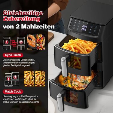 Вертикальна аерофритюрниця TopStrong з двома камерами 11л, 2500W, з вікном перегляду та 6 функціями приготування, чорна