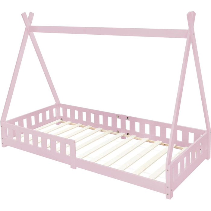Дитяче ліжко-хатинка Tipi ML-Design 90x200 см рожеве з бортиком, дерев'яне з масиву сосни, індіанський дизайн, з ламелями, для дівчаток, ігрове ліжко-намет