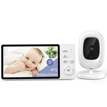 Відеоняня з камерою 1080P та 5-дюймовим IPS-монітором, поворот на 360°, без Wi-Fi, біла (1 камера та 1 екран)
