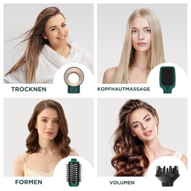 4-в-1 набір гарячих щіток PARWIN PRO BEAUTY, стайлер: фен-щітка, щітка для завивки, 4 насадки для сушіння, випрямлення, об'єму та укладання, іонна технологія, професійний, зелений