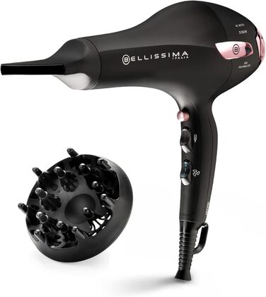 Фен Bellissima P7 3200 з іонізацією, 2100 Вт, професійний мотор, 2 швидкості, 3 температури, насадка-дифузор для локонів, холодне повітря, підсвічування, дорожній футляр, кабельний затискач