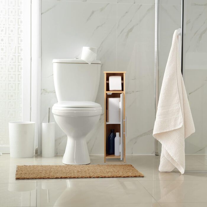 Підлоговий тримач для туалетного паперу Relaxdays з полицею, 71x18x20 см, МДФ і бамбук, шафа для туалетного паперу, коричнево-білий