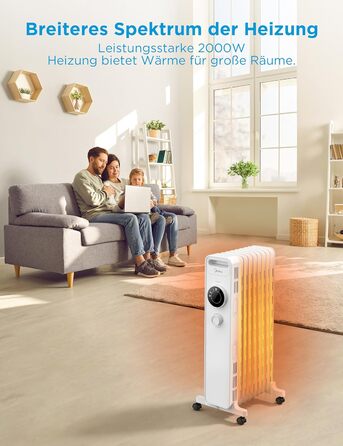 Масляний радіатор Midea NY2009-22M 2000Вт, 9 секцій, енергозберігаючий, безшумний, з термостатом, 3 режими нагріву, захист від перегріву і перекидання, ECO-режим, швидкий обігрів, портативний, білий, риб'ячий хребет