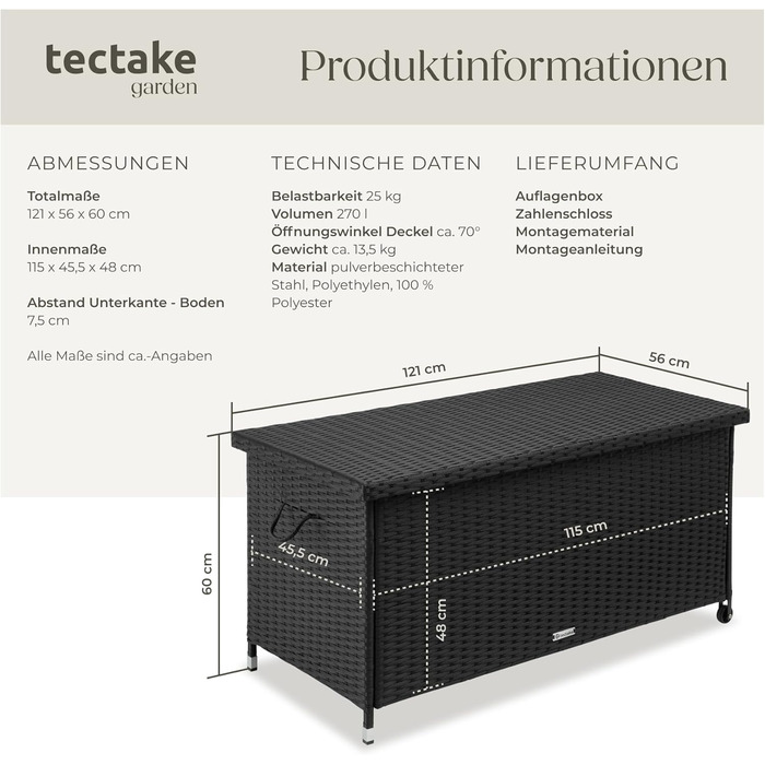Ящик для зберігання вуличний Tectake Poly Rattan 270л, чорний - водонепроникний, з замком, колісний, для саду, тераси, меблів