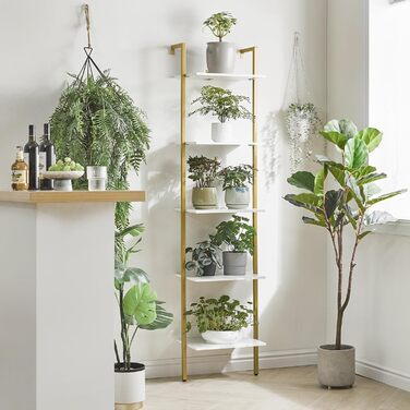 YMYNY Стелаж-драбина на 5 полиць, дерев'яний книжковий стелаж з металевим каркасом, для декору, квітів, книг, настінний, для вітальні, офісу, балкона, білий