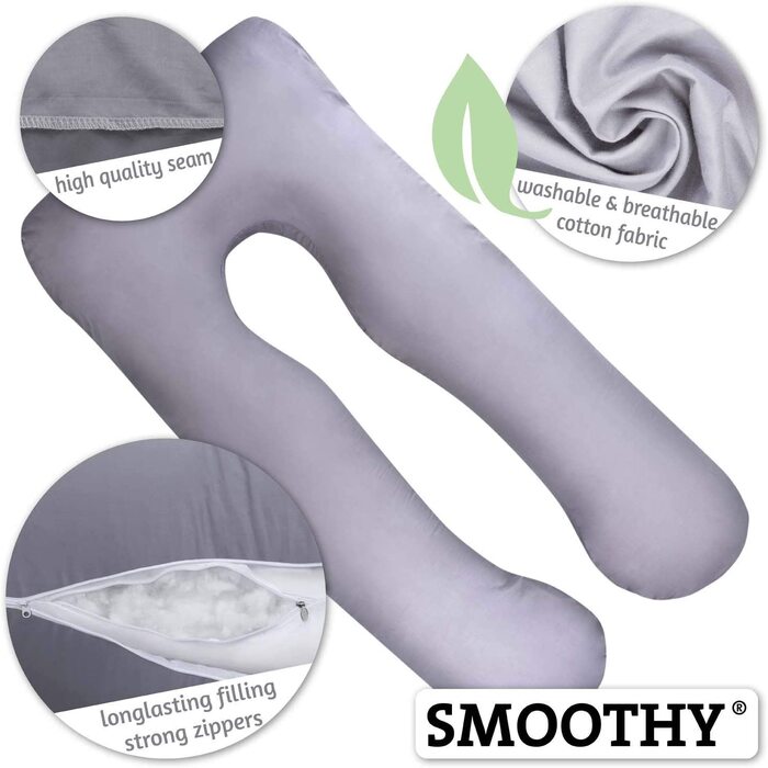 Подушка для вагітних SMOOTHY U-подібна, 120x70 см, сіра, для сну на боці, годування та підтримки, знімний бавовняний чохол