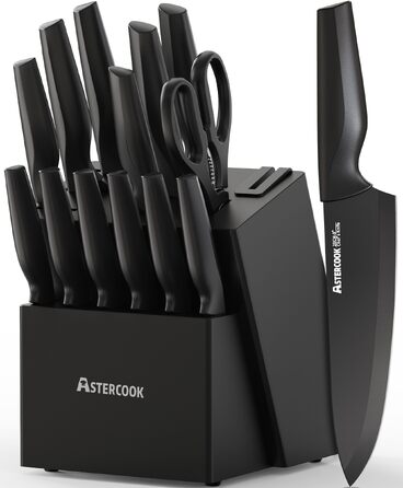 Набір кухонних ножів Astercook з підставкою та вбудованим точилом, 15 предметів, нержавіюча сталь, чорний