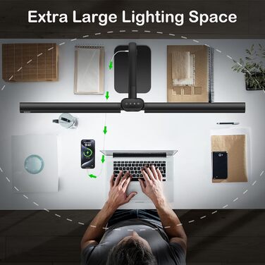 Стійка LED лампа Kary з регулюванням яскравості, 24W, подвійний наголовник, для офісу, роботи, читання, з пультом та USB-портом, чорна