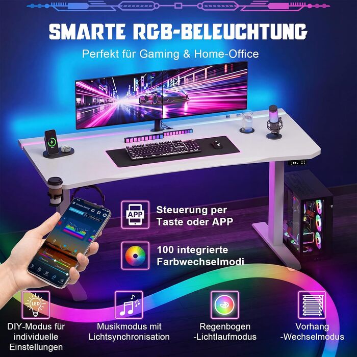Регульований по висоті письмовий стіл Devoko 160x70 см, ігровий стіл для комп'ютера з двома моторами, LED-підсвіткою та системою кабель-менеджменту, білий