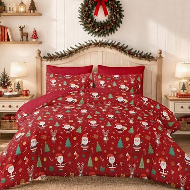 Комплект новорічної постільної білизни WONGS BEDDING з Санта-Клаусом, м'яка мікрофібра, 2 предмети (підковдра 135x200 см, наволочка 80x80 см), червоний