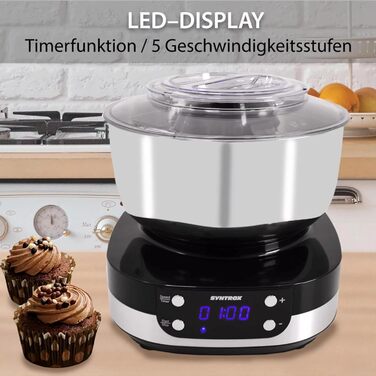Кухонний комбайн Syntrox Germany Zaurak 5 л, 800 Вт, 5 швидкостей, міксер та тістоміс, нержавіюча сталь, чорний