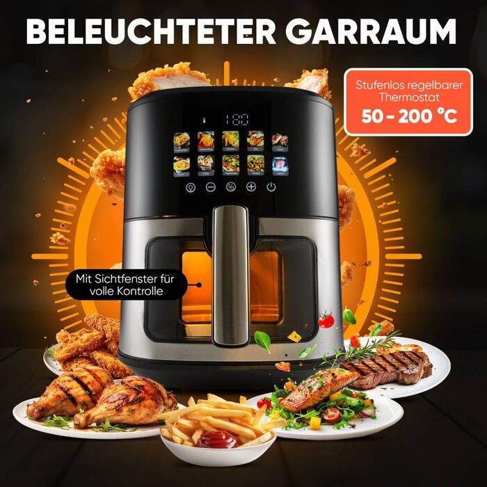 Аерофритюрниця ProfiCook 6,5 л з кольоровим дисплеєм, 9 програм, 1700 Вт, без олії, нержавіюча сталь, модель 2024