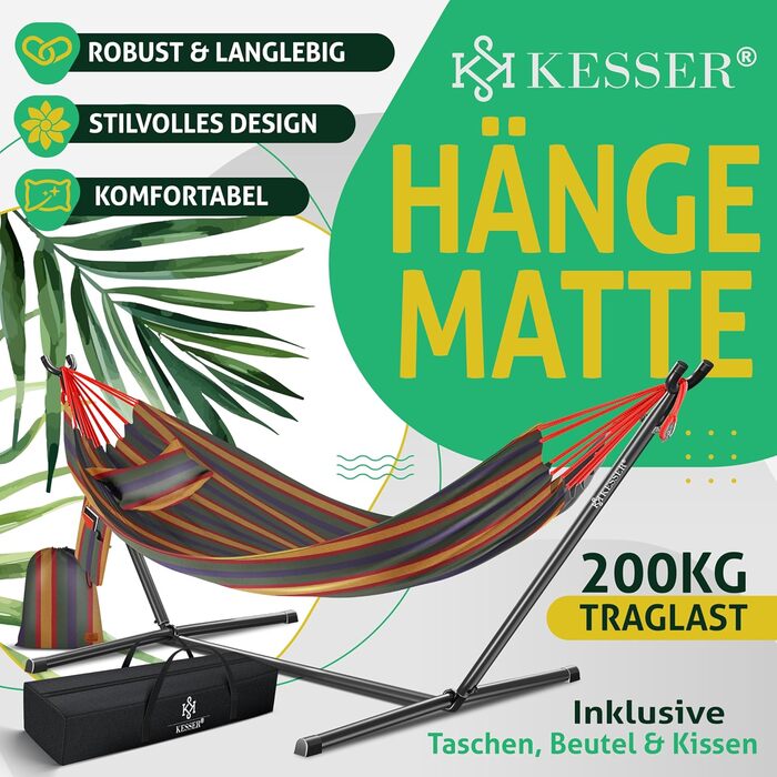 Гамак KESSER® Lake з каркасом для 2 осіб, 200 кг, для дому та саду, XXL гамак-крісло, балкон, тераса, з подушкою, кольоровий