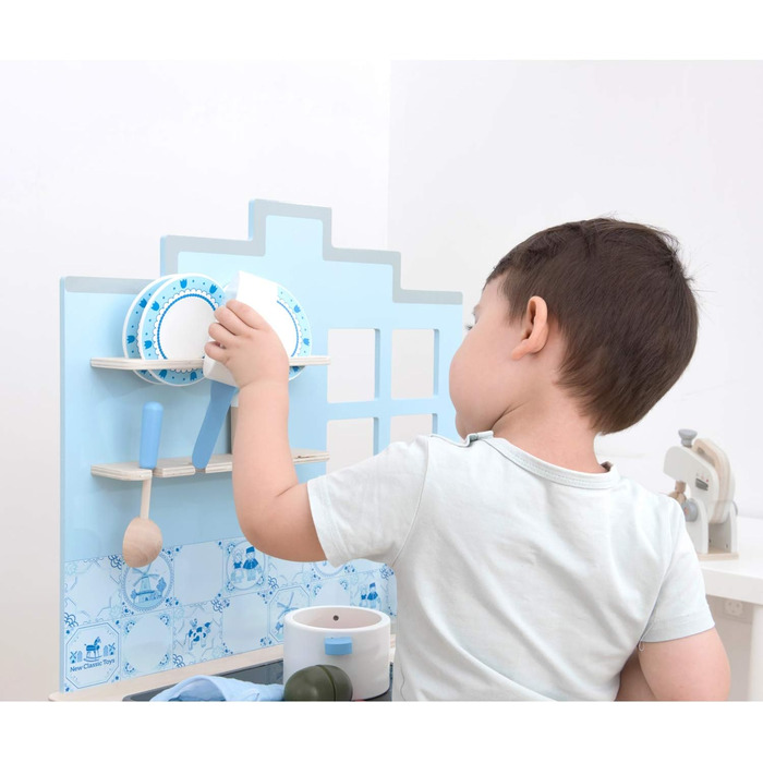 Дитяча дерев'яна кухня New Classic Toys Bon Appétit у стилі Делфтського фарфору, синя, рольова гра