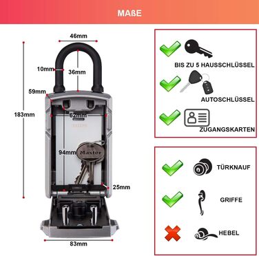 Розумний Bluetooth сейф-бокс для ключів Master Lock зі захистом військового стандарту, вуличний кодовий замок, 12.7 x 8.3 x 5.9 см