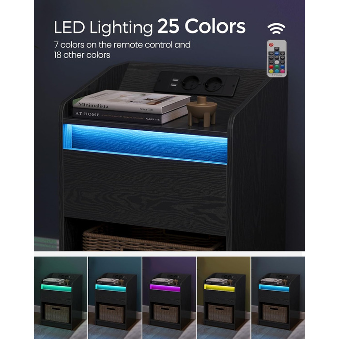 Hzuaneri приліжковий столик з LED-підсвіткою, зарядною станцією, USB-портами та розетками, 2 шухляди, білий, комплект 2 шт. для спальні та вітальні