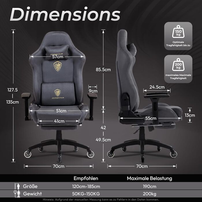 Ігрове крісло Dowinx Ergonomic Gaming Chair з підставкою для ніг та 3D підлокітниками, сіре, витримує до 200 кг, офісне крісло для геймерів