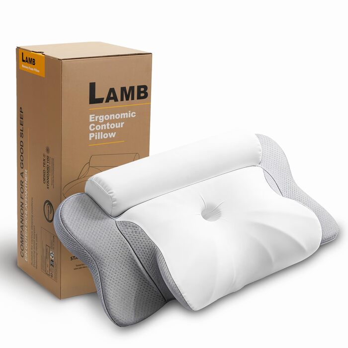 Подушка ортопедична з піною Memory Foam для сну на боці LAMB, 60x32 см, сіра - підтримка шиї та голови при болях у шиї