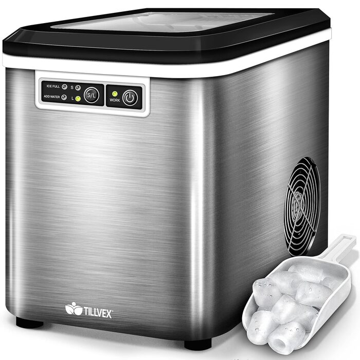 Машина для льоду tillvex, нерж. сталь, 12 кг/24 год, 2,2 л, LED, самочищення, 2 розміри кубиків, срібляста
